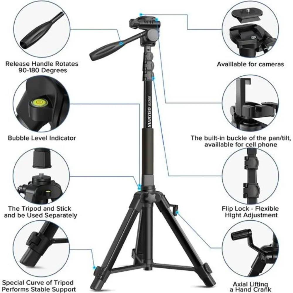 Camera Tripod 69 Inch, Patented 3-Way Swivel Portable Phone Tripod Professional